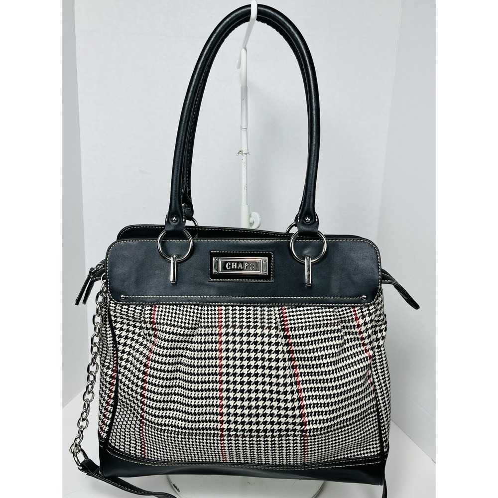 CHAPS Vintage‎ Black Red Beige Houndstooth Handbag Crossbody W/ Chain Strap EUC
